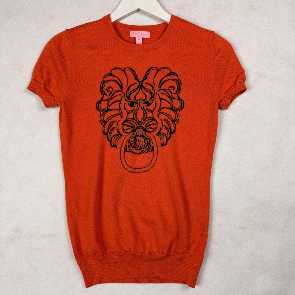 Lilly Pulitzer Orange Lion Head Knit Short Sleeve Sweater‎ Top Women's Size XS